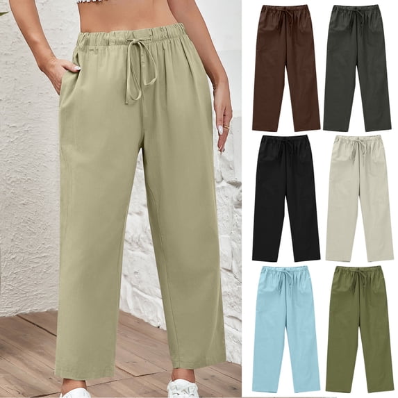 Yxbdin Linen Pants for Women Spring Casual Straight Wide Leg Trousers Drawstring Elastic Waisted Pants with Pocket Plus Size Loose Fit Travel Vacation Pants Dark Gray S