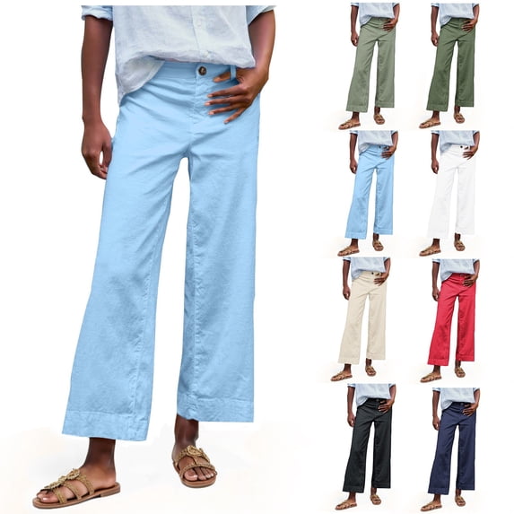 Yxbdin Linen Pants for Women Staight Leg Baggy Casual Pants Elastic Waist Solid Loose Fit Summer Vacation Trousers Blue XL