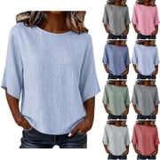 Yxbdin Linen Shirts for Women Summer Striped Print T Shirts Casual Half Sleeve Tops Comfy Crew Neck Tshirts Comfortable Relaxed Fit Tees Everyday Daily Wear