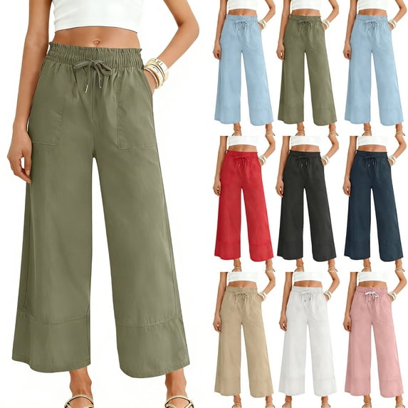 Yxbdin Linen Wide Leg Pants for Women Baggy Casual Elastic Waisted Drawstring Pants Loose Straight Trousers with Pockets Spring Long Pants Army Green M