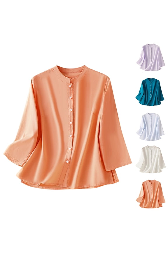 Long Sleeve Cotton Linen Womens Shirts Elegant Round Neck Button Down Shirt Loose Fit Business Casual Blouses Going Out Tops Purple L