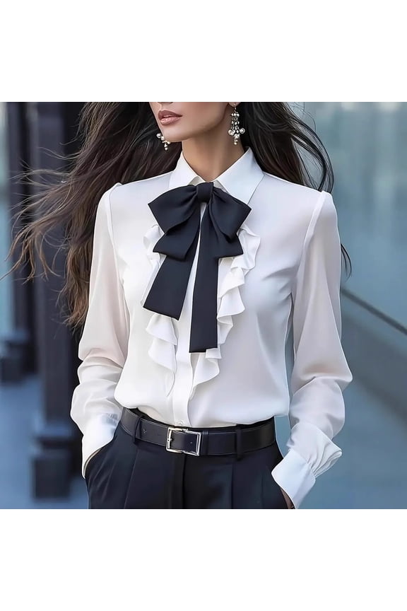 Long Sleeve Shirts for Women with Bow Tie Stain High Neck Tops Elegent Office Tops Bussiness Work Casual Outfit fashion Spring Clothes White XXL