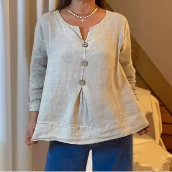 Yxbdin Long Sleeve Shirts for Women Dressy V Neck Buttons Tunic Shirt Solid Color Pleated Business Casual Blouses Loose Fit Comfy Tops Beige XXL