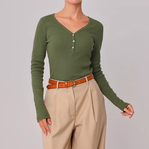 Yxbdin Long Sleeve Sweaters for Women Slim Fit Botton Down Blouses Dressy Casaul V Neck Shirts Winter Warm Clothes Green S