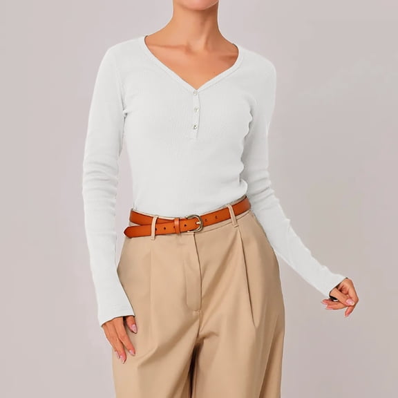 Yxbdin Long Sleeve Sweaters for Women Slim Fit Botton Down Blouses Dressy Casaul V Neck Shirts Winter Warm Clothes White S