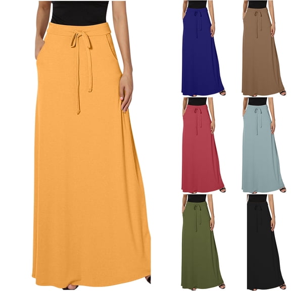 Yxbdin Maxi Skirts for Women with Pockets Trendy Drawstring High Waist Long Skirt A Line Going Out Skirt Lightweight Outdoor Travel Clothes