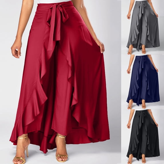 Yxbdin Maxi Wrap Skirts for Women Trendy Asymmetrical Ruffle Skirt Pants High Waist Tie Front Flowy Skort Pants Night Club Party Culottes