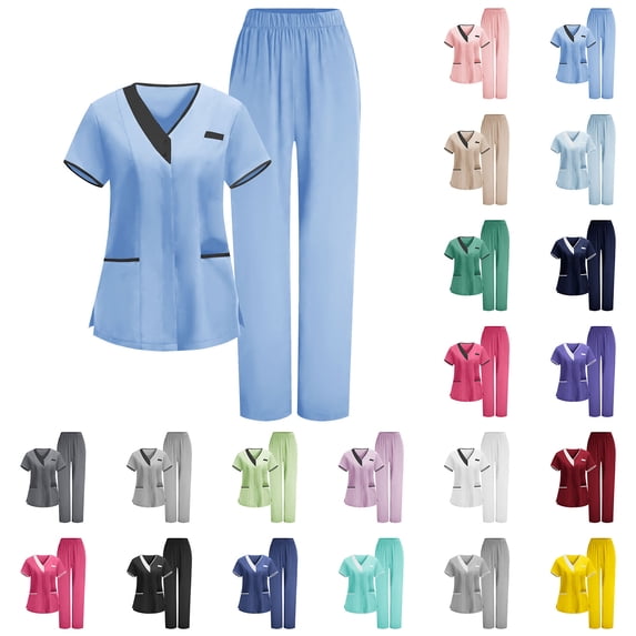 Yxbdin Medical Scrubs for Women Set Color Block Nurse Uniforms V Neck Short Sleeve Scrub Tops and Pants Sets Clinical Modern Suits with 5 Pockets Pink L