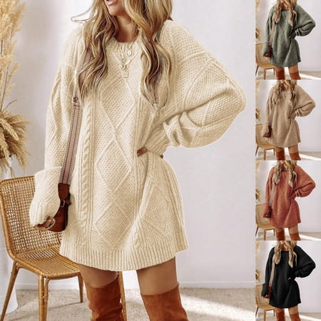 Yxbdin Mini Knit Fall Dresses for Women Long Sleeve Sweater Dress Casual Crew Neck Pullover Dress Comfortable Loose Fit Winter Clothes Daily Wear
