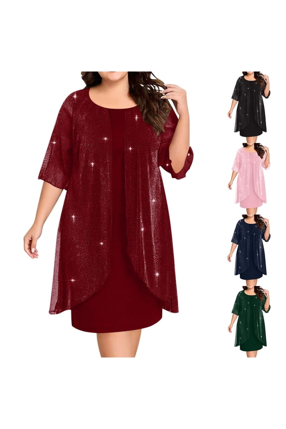 Mother of the Bride Dresses for Women Plus Size Sparkly Midi Dresses Glitter Mesh Sequin Dress 3/4 Sleeve Wedding Guest Dresses Crew Neck Formal Dress