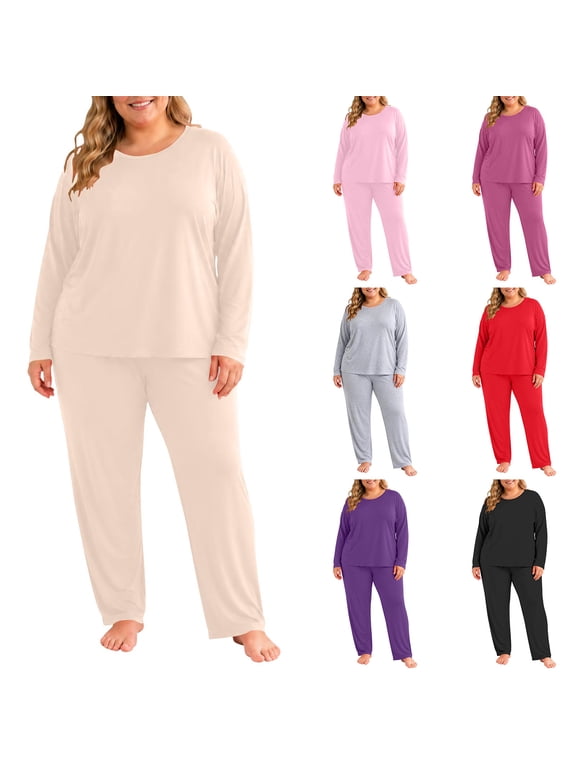 Petite Pjs Sets for Women 2 Piece Long Sleeve Shirt and Cropped Pants Layering Sleepwear Slim Fitting Loungewear for Home XXXL