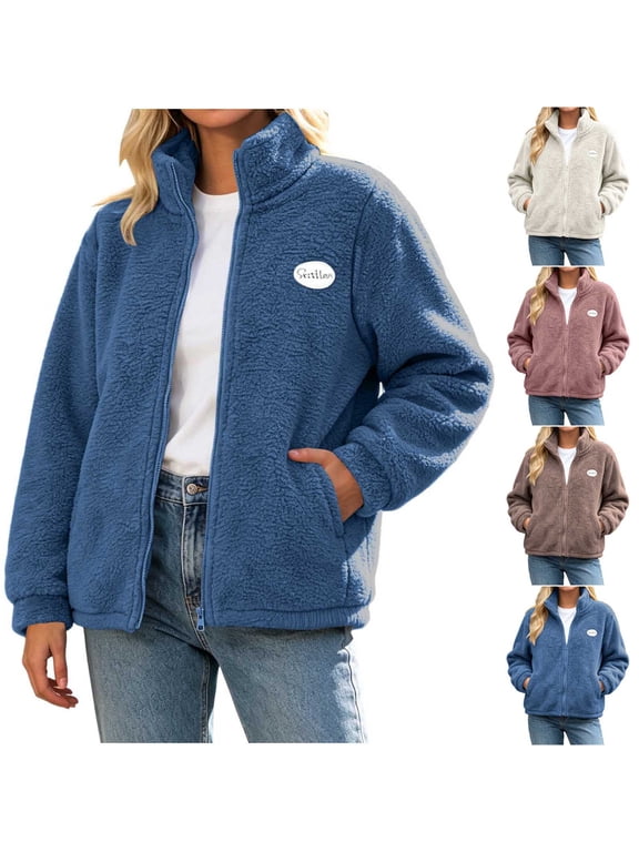 Petite Sherpa Fleece Jackets for Women Zip Up Stand Collar Fall Jackets Casual Warm Slim Fitting Winter Clothes for Weekend Outings L