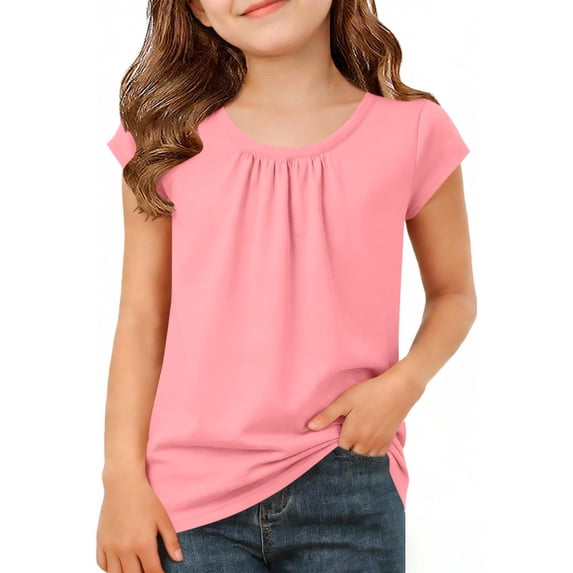 Yxbdin Pleated Shirts for Girl Dressy Casual Short Sleeve T Shirts Loose Fit Solid Crew Neck Tops Pink 7-8 Years