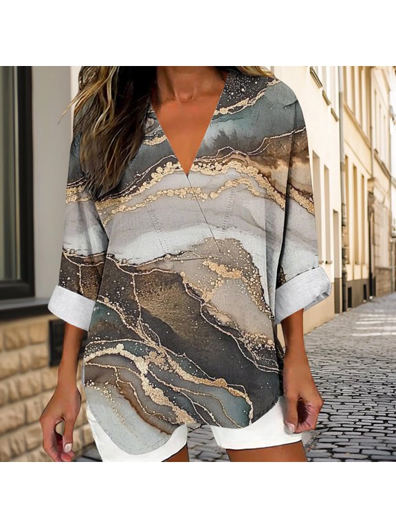 Plus Size 3/4 Sleeve Tops for Women Printed V Neck Shirts Dressy Casual Blouses Sunmmer Travel Blouses White M