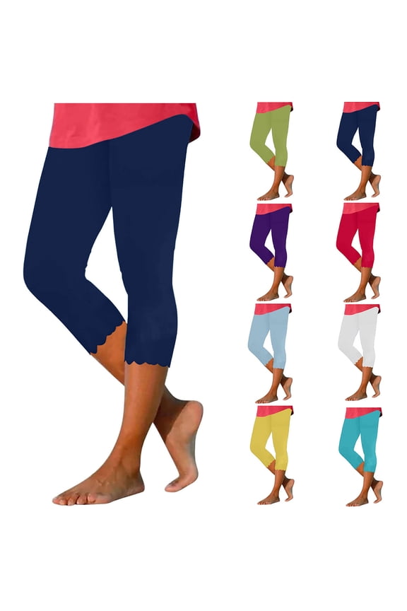 Plus Size Capri Leggings for Women Scalloped Hem High Waisted Yoga Pants Tummy Control Athletic Pant Workout Running Capris Purple L
