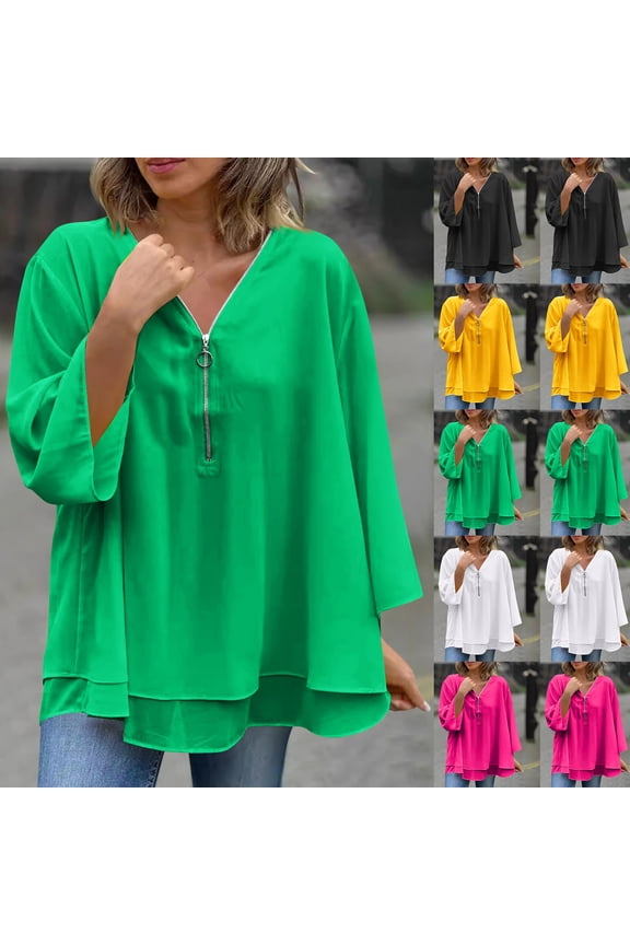 Plus Size Chiffon Shirts for Women Long Sleeve Irregular Hem Shirt V Neck Zipper Casual Blouses Elegant Loose Fit Spring Tops Hot Pink XXXXL