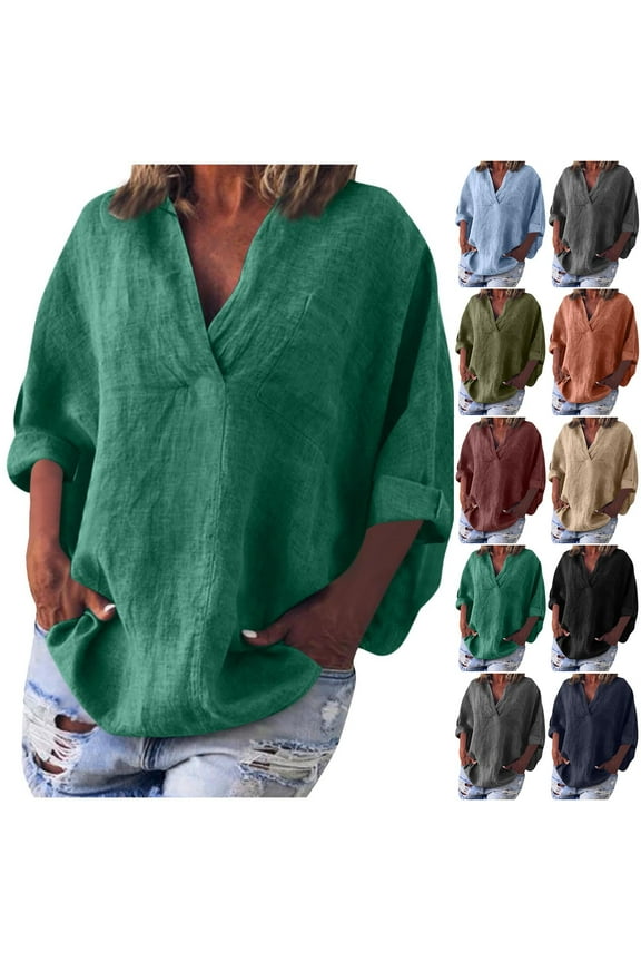 Plus Size Cotton Linen Shirts for Women Loose Fit Summer Casual Shirt V Neck 3/4 Length Sleeve Blouses Lightweight Spring Summer Tops Wine XXXL