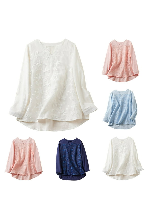 Plus Size Cotton Linen Shirts for Women Elegant V Neck Embroidered Blouses Long Sleeve Vintage Casual Outfits Loose Fit Trendy Tops White XXL