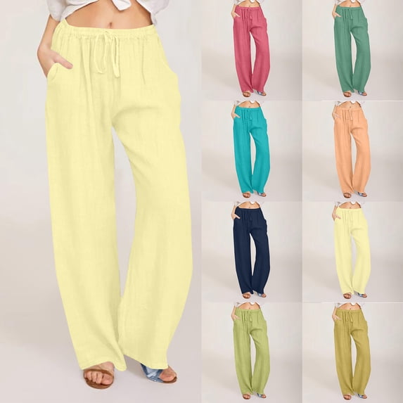 Yxbdin Plus Size Linen Palazzo Lounge Pants for Women Elastic Waist Drawstring Straight Wide Leg Pant Comfy Beach Vacation Casual Trousers with Pockets Watermelon Red S