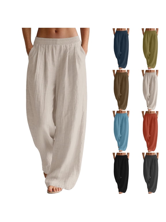 Plus Size Linen Pants for Women Flowy Elastic High Waist Palazzo Lounge Pants Wide Leg Pleated Beach Vacation Trousers Comfy Lightweight Spring Summer Pants Black XL