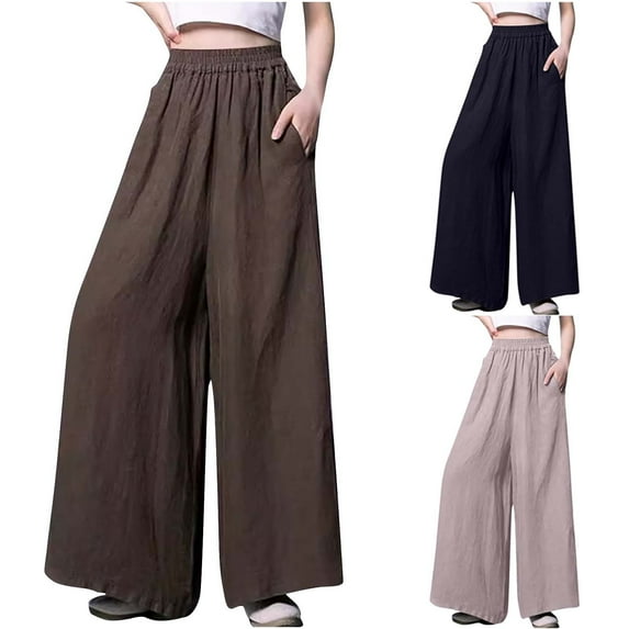 Yxbdin Plus Size Linen Pants for Women Elastic Waisted Palazzo Casual Trousers Solid Color Wide Leg Pants with Pocket Black L