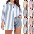thumbnail image 1 of Yxbdin Plus Size Striped Shirts for Women Dressy Lapel Roll Up Long Sleeve Shirt Button Down Business Casual Blouses Loose Fit Spring Tops Black XL, 1 of 9