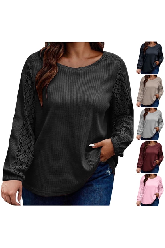 Plus Size Waffle Women Blouses Long Sleeve Lace Patchwork Tunic Shirts Trendy Round Neck Hollow Out Shirt Loose Fit Business Casual Tops Navy XXXL