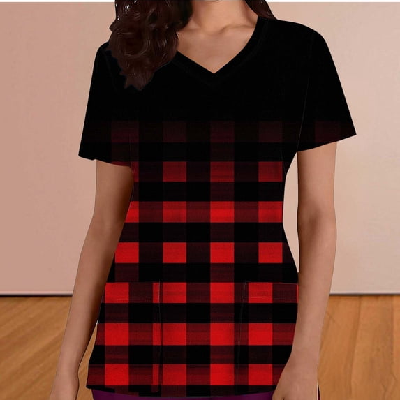 Yxbdin Printed Scrub Shirts for Women Loose Fit Gradient Plaid Graphic Medical Scrubs Work Uniform Short Sleeve V Neck Scrub Tops with Pockets Wine L