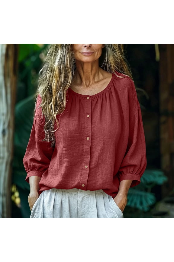 Puff 3/4 Sleeve Shirts for Women Cotton Linen Crew Neck Blouses Dressy Casual Button Down Tops Solid Loose Fit Clothes Wine S