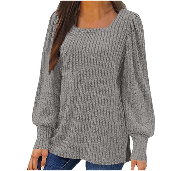 Yxbdin Ribbed Knit Tops for Women Square Neck Sweaters Slim Fitted Long Sleeve Blouse Plus Size Dressy Casual Tops Fall Winter fashion Clothes 2026 Gray S
