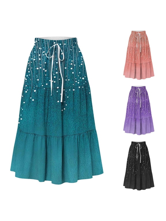 Ruffle Hem Flowy Skirts for Women Trendy Floral Print Midi Skirts Layered Tiered Fall Clothes A Line Swing Vacation Outfits XL