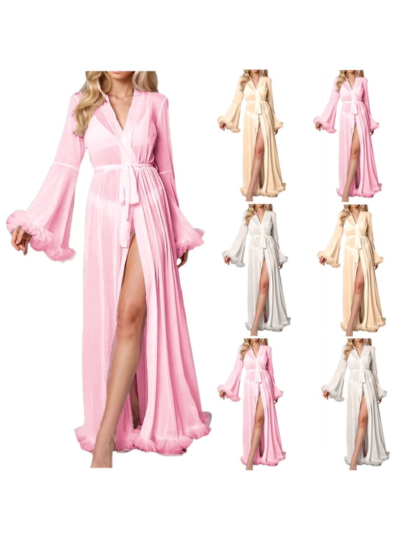 Ruffle Trim Long Robes for Women Floor Length Sheer Mesh Robes Fashion Wedding Bride Nightgown Long Sleeve Belted Sleepwear for Pajama Party