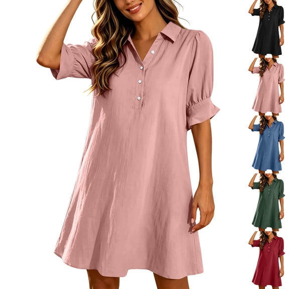 Yxbdin Ruffled Cuff Shirt Dresses for Women Short Sleeve Collared Mini Dress Casual Button Loose Dresses Lightweight Suitable Going Out Dress