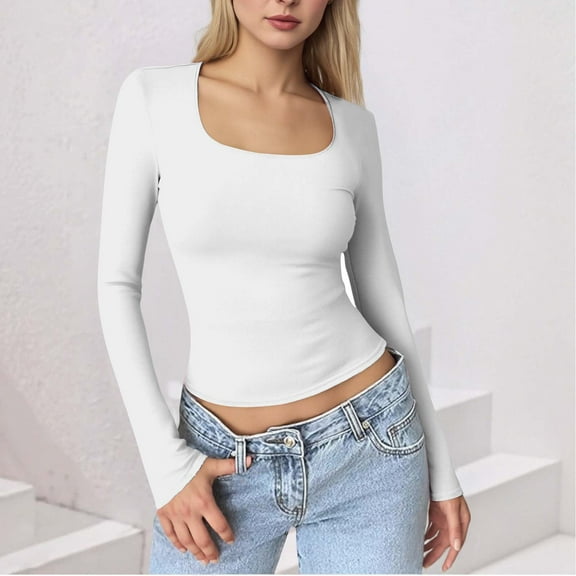 Yxbdin Scoop Neck Long Sleeve Shirts for Women Dressy Casaul Crop T Shirts Spring Slim Fit Tee White XL