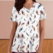 Yxbdin Scrub Shirts for Women Loose Fit Short Sleeve V Neck Nurse Scrubs Work Uniforms Fashion Graphic Scrub Tops with Pockets White L