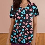 Yxbdin Scrub Tops Women Short Sleeve V Neck Tunic Scrubs Loose Fit Floral Print Nursing Uniform Scrubs Shirts with Pockets Black XXL