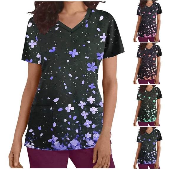 Yxbdin Scrub Tops for Women Short Sleeve Floral Printed Scrubs V Neck Medical Nursing Shirts Lightweight Comfy Scrub Shirts with Pockets Orange XL