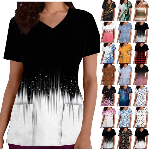 Yxbdin Scrub Tops with Pockets for Women Vintage Printed Short Sleeve Working Uniform Soft Stretch V Neck Scrubs Holiday Nursing Uniform Black S