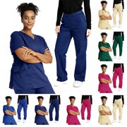 Yxbdin Scrubs Set for Women Medical Uniform V Neck Short Sleeve Nursing Tops and Elastic Waist Pants Sets Medical Workwear with Pockets Green M