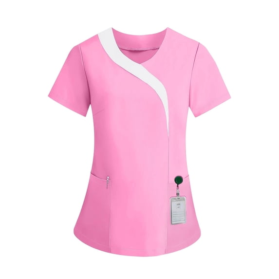 Yxbdin Scrubs Tops for Women Trendy Color Block Nurse Working Uniforms Short Sleeve V Neck Tunic Medical Nursing Shirts Scrubs Shirt with Pockets Blue S