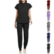 Yxbdin Scrubs for Women Set Short Sleeve Crewneck Medical Uniforms Jogger Pants Nurse Scrubs Sets Scrub Workwear with Pockets Gray S