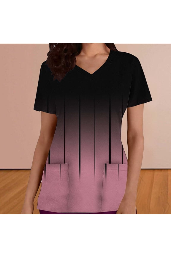 Scrubs for Women Short Sleeve V Neck Tunic Scrub Shirts Vintage Gradient Graphic Nurse Working Uniform Scrubs Tops with Pockets Wine XL