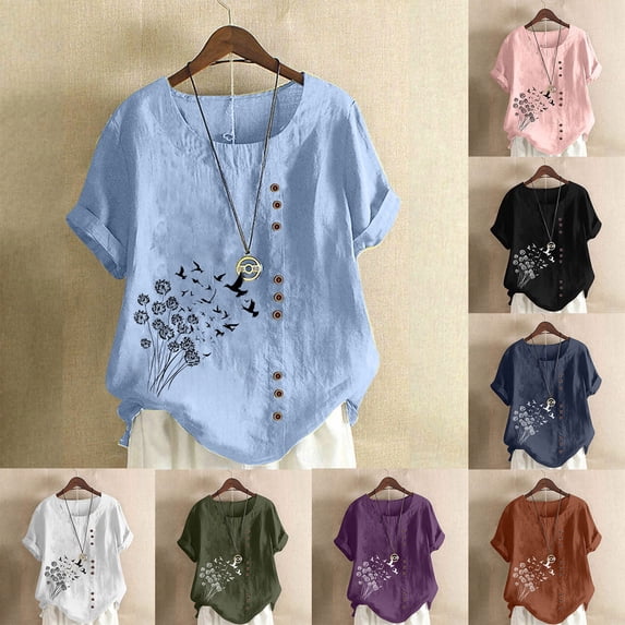 Yxbdin Short Sleeve Cotton Linen Shirts for Women Crew Neck Printed Shirt Casual Loose Fit Buttons Tunic Blouses Summer Outfits Plus Size Tops Light Blue S