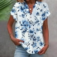 thumbnail image 1 of Yxbdin Short Sleeve Linen Shirts for Women V Neck Flower Printed Shirt Vintage Summer Blouses Casual Loose Fit Tops Blue*A M, 1 of 5