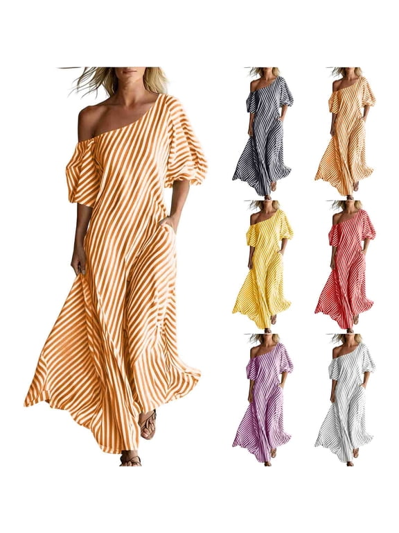 Off the Shoulder Maxi Dresses for Women Elegant Striped Print Sundresses with Pockets Trendy Puff Flowy Boho Dresses Outdoor Travel Summer Beach Dresses