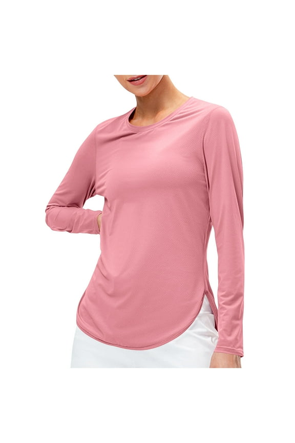 Solid T Shirts for Women Dressy Casual Long Sleeve Tee Loose Fit Crew Neck Tops Lightweight Spring Vacation Clothes Pink XL