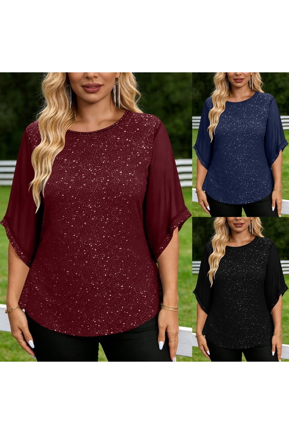 Sparkly Sequin Tops for Women Sheer Mesh Flare 3/4 Sleeve Shirts Plus Size Blouses Dressy Casual Crew Neck Tops Summer Evening Party Club Clothes