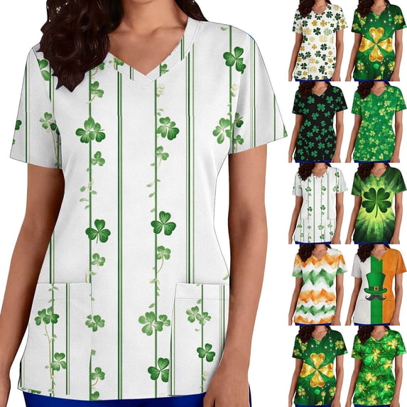 Yxbdin St Patricks Day Scrub Tops for Women Loose Fit Short Sleeve V Neck Nurse Working Uniform Holiday Printed Scrub Shirt Black XXXXL