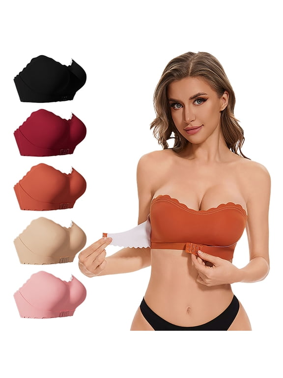 Strapless Bras for Women Push Up Front Closure Bras No Underwire Bandeau Bra with Removable Clear Straps Convertible Bra for Wedding Party