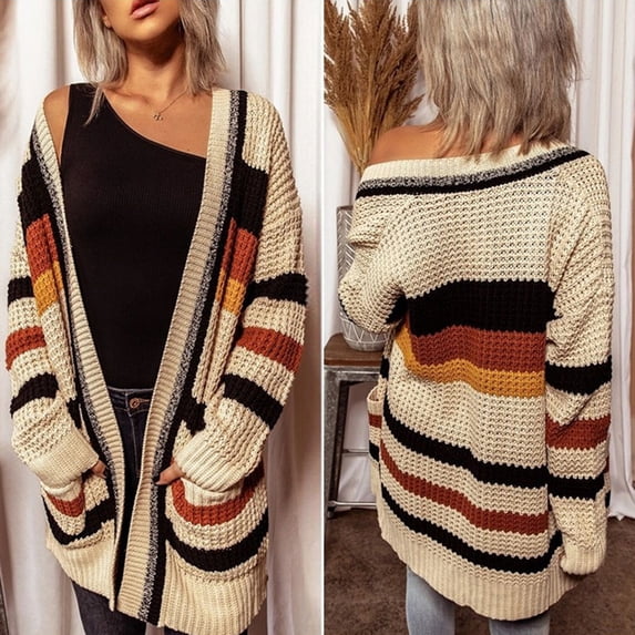 Yxbdin Striped Cardigan Sweaters for Women with Pockets Long Sleeve Kimono Cardigans Suitable Cozy Relaxed Fit Sweater Open Front Cardigans